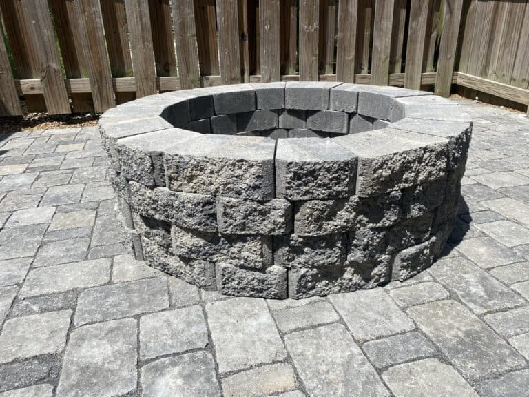 Gray three piece paver patio 2 with gray fire pit Spring Hill, Franklin, Brentwood, Nashville, Nolensville, College Grove, Thompsons Station, Belle Meade, Berry Hill, Forest Hills, Murfreesboro and Arrington TN.