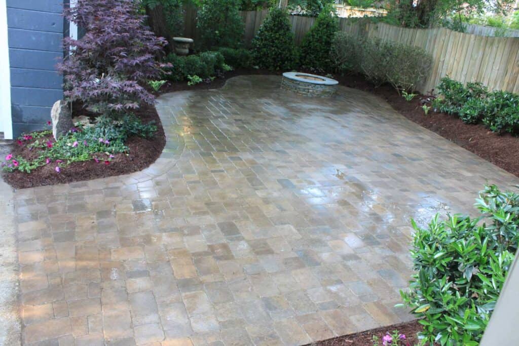 Brown paver patio with fire pit Brentwood